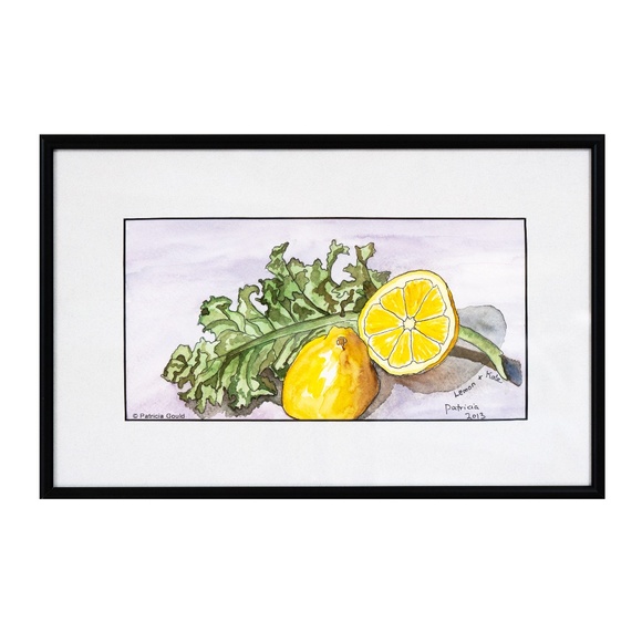 Lemon & Kale, framed watercolor on paper